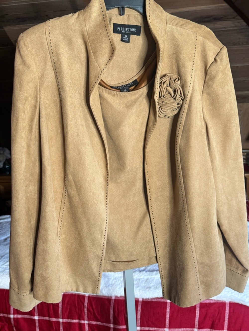 Perceptions New York Tan Faux Suede 3PC Set Jacket Top Size 18 Boho Chic - Picture 6 of 7